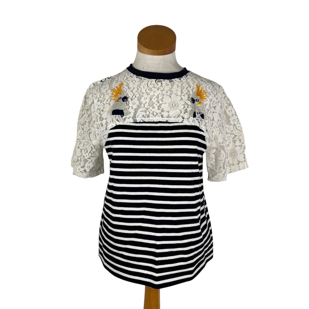 Betina Anthropologie Black and White Striped Lace Top with Bird Details